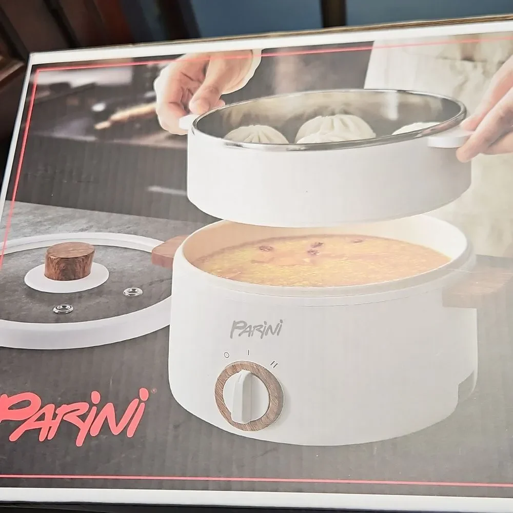 NIB Parini White Electric Hot Pot with Wooden Accents